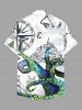 Chemise hawaïenne grande taille à imprimé poulpe, étoile de mer, ancre, château, boutons et poches pour homme - Blanc S