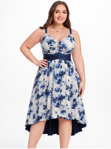 Plus Size Jacquard Cut Flower Chain Decor Ruched Asymmetric High Low Dress - DEEP BLUE - 3X | US 22-24