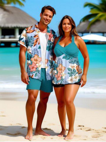 Colorful Tropical Leaves Hibiscus Floral Print Shirt Swimsuit Shorts Plus Size Matching Hawaii Beach Outfit For Couples - GREEN