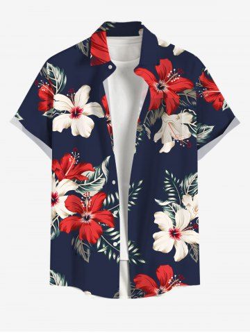 Plus Size Tropical Leaf Hibiscus Flower Print Buttons Pocket Hawaii Shirt For Men