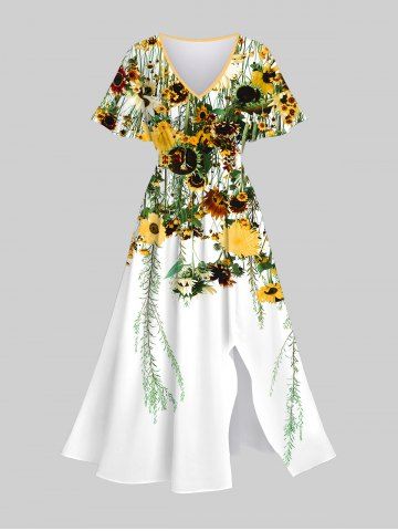 Plus Size Sunflowers Wicker Print Split Hawaii Midi Dress - WHITE - XXS