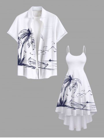Coconut Tree Boat Seascape Print Plus Size Matching Hawaii Beach Outfit For Couples - WHITE