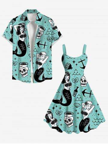 Mermaid Bowknot Skulls Anchor Print Plus Size Matching Hawaii Beach Outfit For Couples - LIGHT GREEN