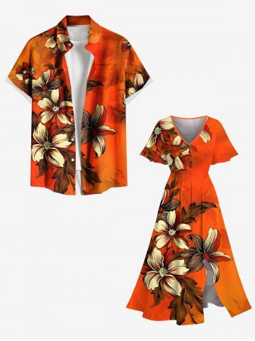 Ombre Floral Leaves Print Plus Size Matching Hawaii Beach Outfit For Couples - ORANGE
