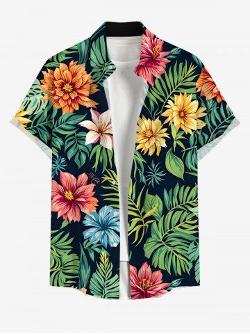 Plus Size Tropical Leaves Floral Print Hawaii Button Pocket Shirt For Men - GREEN - L