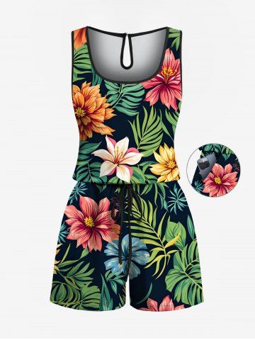 Combinaison hawaïenne grande taille à imprimé floral et feuilles tropicales avec cordon de serrage et poches - BLACK - 6X