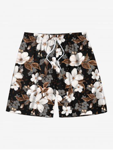 Plus Size Ombre Floral Leaves Print Hawaii Drawstring Beach Shorts For Men - BLACK - 7XL