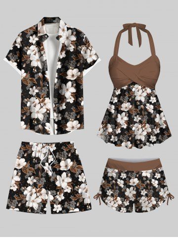 Ombre Flower Leaf Print Shirt Swimsuit Short Plus Size Matching Hawaii Beach Outfit For Couples - BLACK