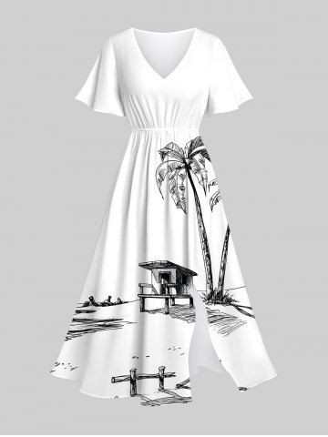 Plus Size Coconut Tree Cabin Print Split Hawaii Midi Dress - WHITE - XXS