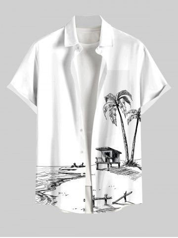Plus Size Coconut Tree Cabin Print Buttons Pocket Hawaii Shirt For Men - WHITE - XL