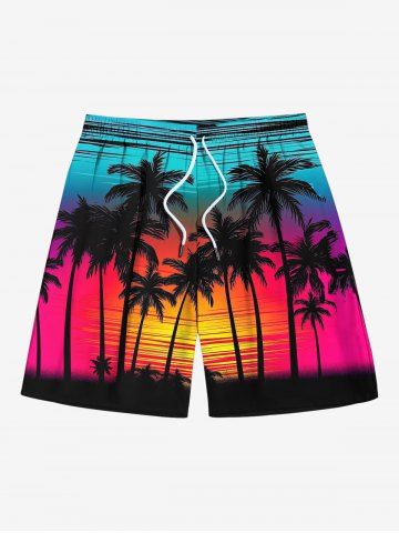 Plus Size Coconut Tree Ombre Sky Print Hawaii Beach Shorts For Men - RED - 8XL