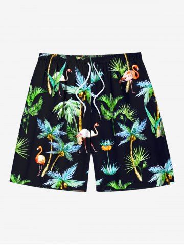 Plus Size Coconut Tree Flamingo Print Hawaii Drawstring Beach Shorts For Men - BLACK - 8XL