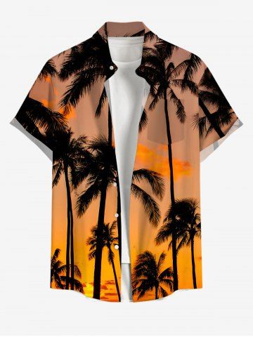 Plus Size Coconut Tree Ombre Dusk Print Hawaii Button Pocket Shirt For Men - ORANGE - L