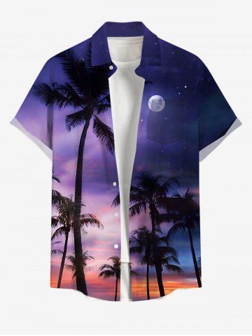Plus Size Coconut Tree Ombre Galaxy Moon Print Hawaii Button Pocket Shirt For Men - PURPLE - L