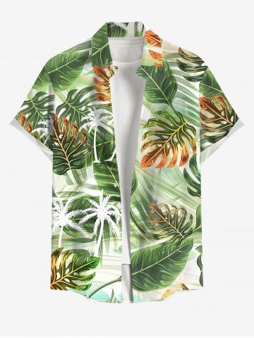 Plus Size Coconut Tree Tropical Leaf Ombre Print Hawaii Button Pocket Shirt For Men - GREEN - XL