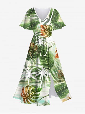 Plus Size Coconut Tree Tropical Leaf Ombre Print Hawaii Split Pocket A Line Midi Dress - GREEN - 6X
