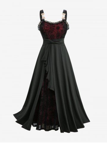 Plus Size Spider Web Flocking Mesh Lace Trim Asymmetrical Ruffles Hem Tank Dress - BLACK - L | US 12