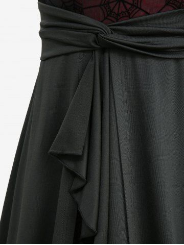 Plus Size Gothic Spider Web Flocking Mesh Lace Trim Asymmetrical Ruffles Hem Tank Dress