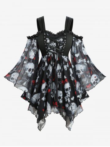 Plus Size Skull Bowknot Heart Printed Mesh Lace Up Flare Sleeve Handkerchief Top - BLACK - 5X | US 30-32