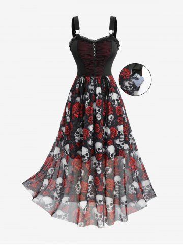Plus Size Rose Flower Skulls Print Ruched Ruffles Chain Panel Lace Trim Tank Dress - BLACK - L | US 12