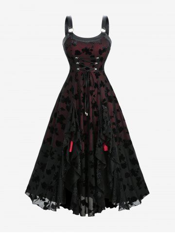 Floral Silver Flocking Lace Up Panel Lettuce Ruffles Hem Tank Dress - BLACK - S