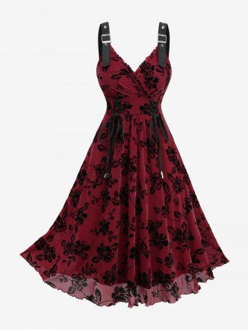Plus Size Glitter Floral Leaves Flocking Lace Up Surplice A Line Party Dress - DEEP RED - L | US 12