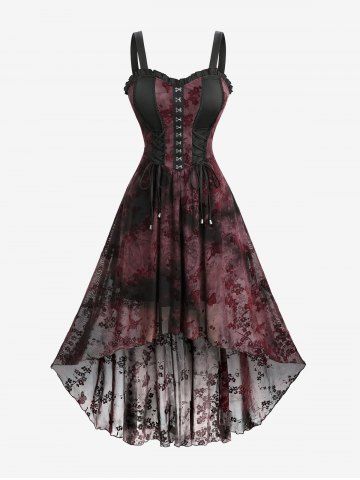 Plus Size Lace-up Plum Bossom Flower Flocking Ruffles Lace Trim High Low Tank Dress - DEEP RED - 2X | US 18-20