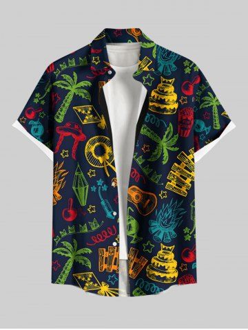 Plus Size Coconut Tree Fire Flame Cake Guitar Print Buttons Pocket Hawaii Shirt For Men - BLACK - S