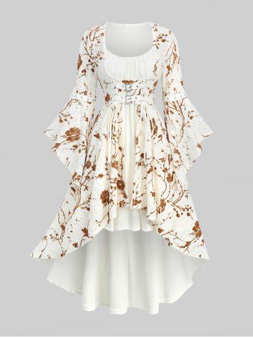 Plus Size Flowers Print Lace Ruched Buckle Lace-up Flare Sleeves High Low Dress - WHITE - 5X | US 30-32
