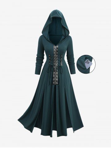 Plus Size Lace-up Grommets Hooded Lace Trim Split Coat - DEEP GREEN - 2X | US 18-20