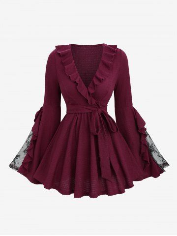 Floral Lace Patchwork Flare Sleeve Ruffles Top with Removable Belt - DEEP RED - S