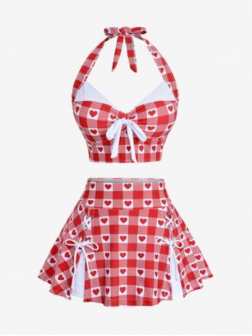 Plus Size Plaid Heart Print Halter Bowknot Lace Up Skirted Tankini Swimsuit - RED - 1X | US 14-16