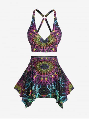Plus Size Floral Retro Pattern Print Crisscross Strapy Ruched Skirted Tankini Swimsuit - MULTI-A - M | US 10