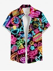 Plus Size Coconut Tree Heart Flower Juice Neon Print Buttons Pocket Hawaii Shirt For Men -  