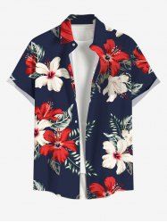 Plus Size Tropical Leaf Hibiscus Flower Print Buttons Pocket Hawaii Shirt For Men -  