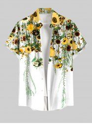 Plus Size Sunflowers Wicker Print Buttons Pocket Hawaii Shirt For Men -  