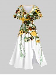 Plus Size Sunflowers Wicker Print Split Hawaii Midi Dress -  