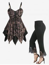 Mesh Flocking Lace Up Layered Cami Top and Scalloped Tassel Pocket Flare Pants -  