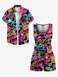 Ensemble chemise et barboteuse hawaïennes assorties, grande taille, tenue de plage, cocotier, cœur, fleur, jus, imprimé fluo, pour couples - Noir 