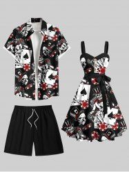 Tenue de plage hawaïenne assortie grande taille avec jetons de casino et imprimé tête de mort pour couples - Noir 