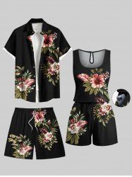 Ensemble chemise et barboteuse hawaïennes assorties, grande taille, tenue de plage, imprimé feuilles tropicales et hibiscus, pour couples - Noir 