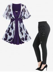 Tie Dye Flower Print Mesh Jacquard Embroidered 2 in 1 Top and Straps Grommet Leggings Plus Size Outfit -  