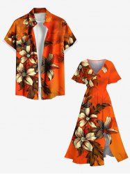 Tenue de plage hawaïenne assortie grande taille à imprimé floral et feuilles ombré pour couples - Orange 