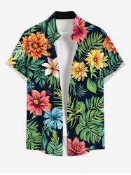 Plus Size Tropical Leaves Floral Print Hawaii Button Pocket Shirt For Men -  