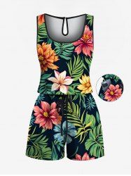 Plus Size Tropical Leaves Floral Print Hawaii Drawstring Pocket Romper -  