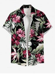 Plus Size Tropical Leaves Hibiscus Floral Print Hawaii Button Pocket Shirt For Men -  