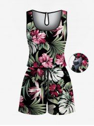Plus Size Tropical Leaves Hibiscus Floral Print Hawaii Drawstring Pocket Romper -  