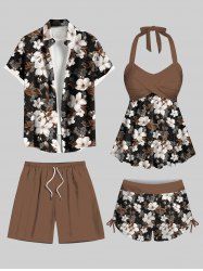 Maillot de bain court imprimé feuilles et fleurs ombré, grande taille, tenue de plage hawaïenne assortie pour couples - Café profond 