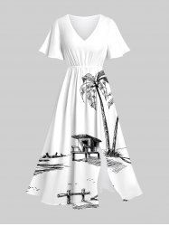 Plus Size Coconut Tree Cabin Print Split Hawaii Midi Dress -  