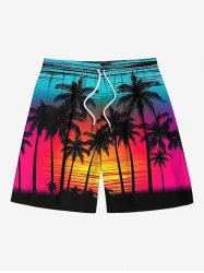 Short de plage hawaïen grande taille à imprimé cocotiers et ciel ombré pour homme - Rouge XL